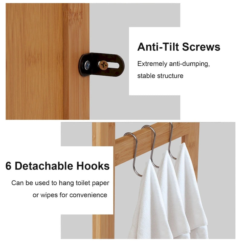 Kinbor Bamboo Over-The-Toilet Organizer Cabinet, Bathroom Storage Shelf with Doors and Shelves Freestanding Space Saver