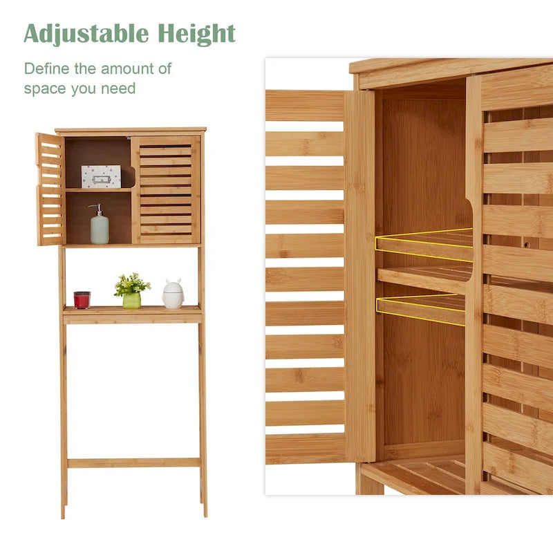 Kinbor Bamboo Over-The-Toilet Organizer Cabinet, Bathroom Storage Shelf with Doors and Shelves Freestanding Space Saver