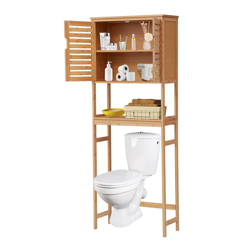 Kinbor Bamboo Over-The-Toilet Organizer Cabinet, Bathroom Storage Shelf with Doors and Shelves Freestanding Space Saver