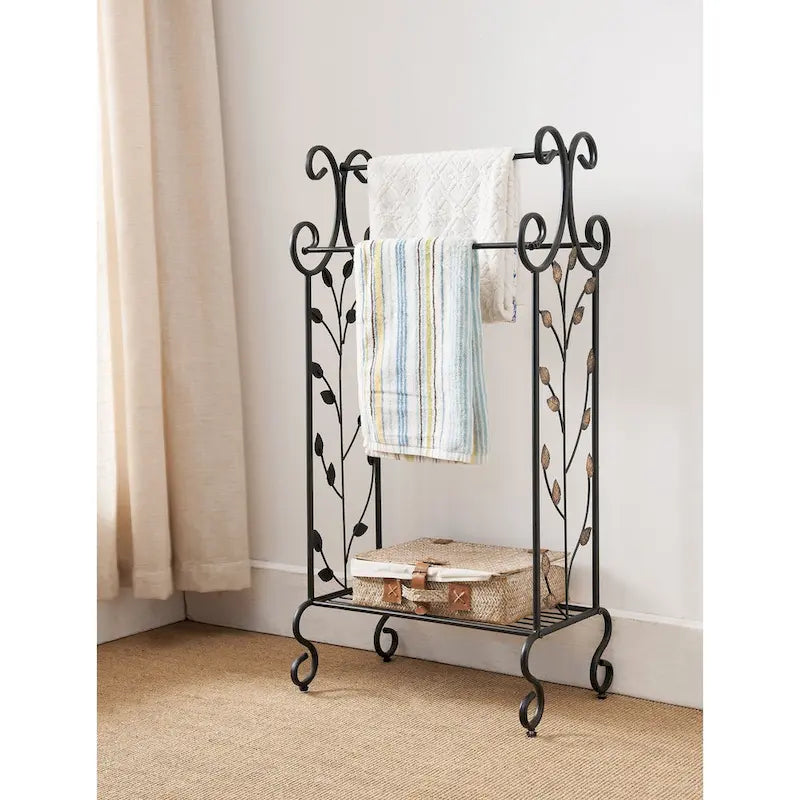 Black Metal with Gold Leaf Free Towel Rack Stand with Shelf