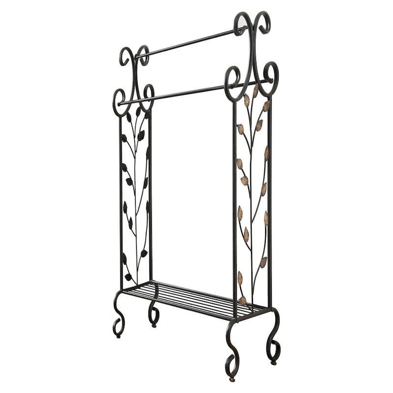 Black Metal with Gold Leaf Free Towel Rack Stand with Shelf