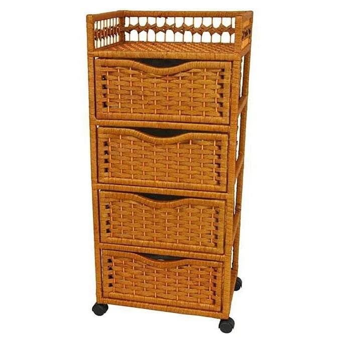 Natural Fiber Wheeled 4-drawer Chest of Drawers - 17.25 W x 12.50 D x 38.25 H