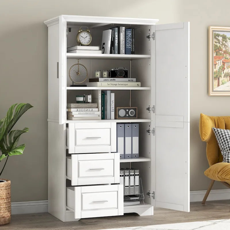 Tall and Wide Storage Cabinet with Doors,Three Drawers