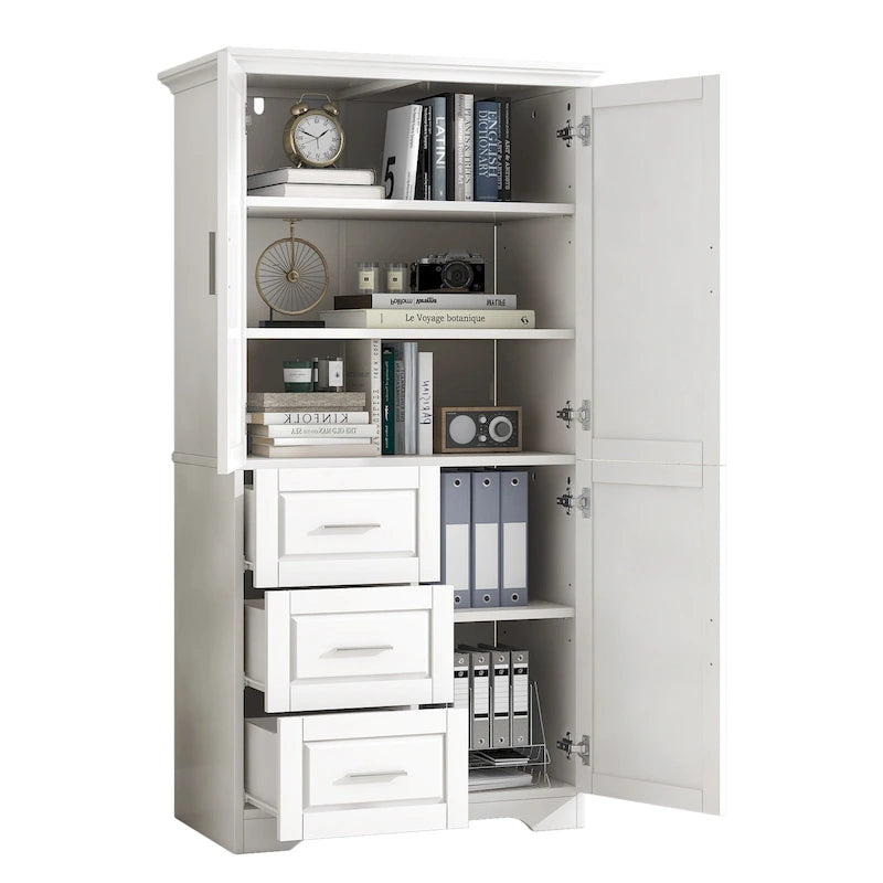 Tall and Wide Storage Cabinet with Doors,Three Drawers