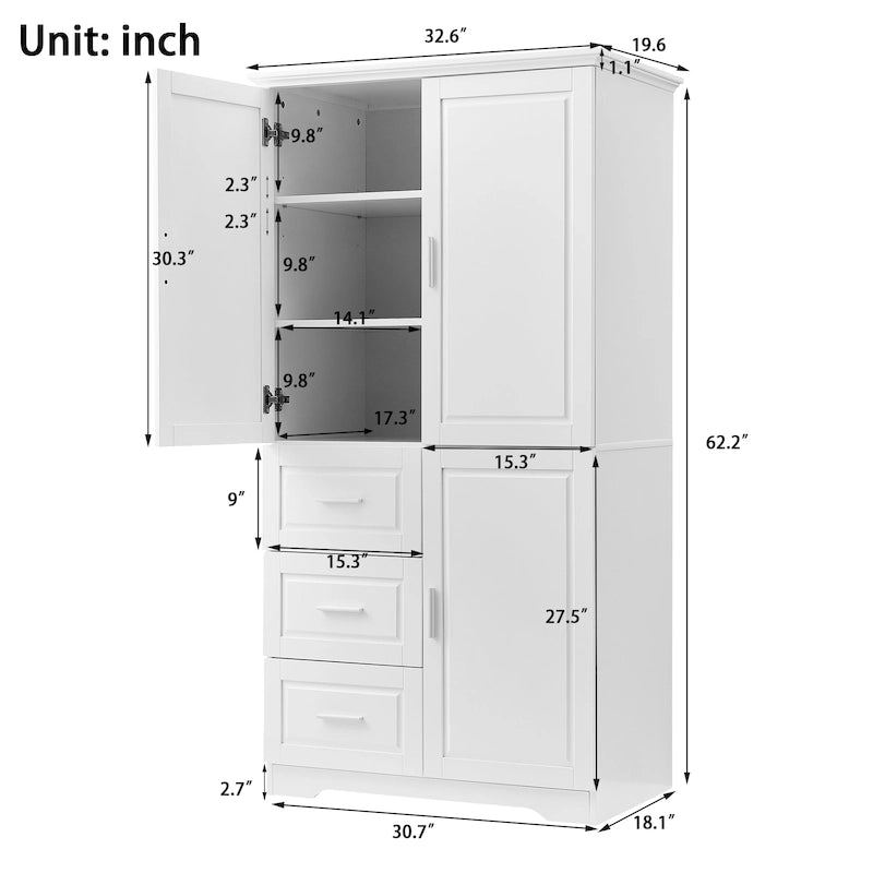 Tall and Wide Storage Cabinet with Doors,Three Drawers