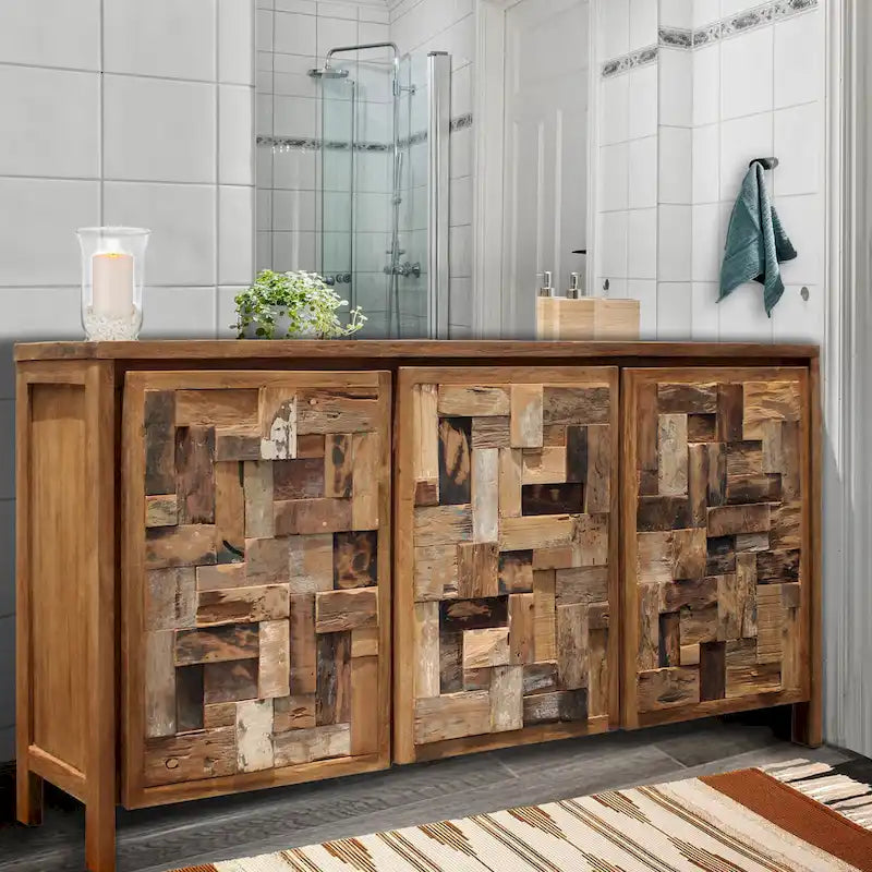 Recycled Teak Wood Apaza Bathroom Linen Cabinet with 3 Doors