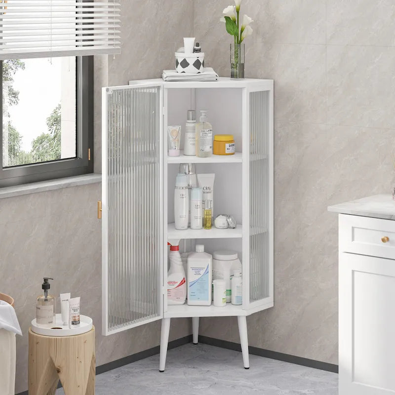 Three Tiers Cabinet with Tempered Glass Doors and Storage Shelves