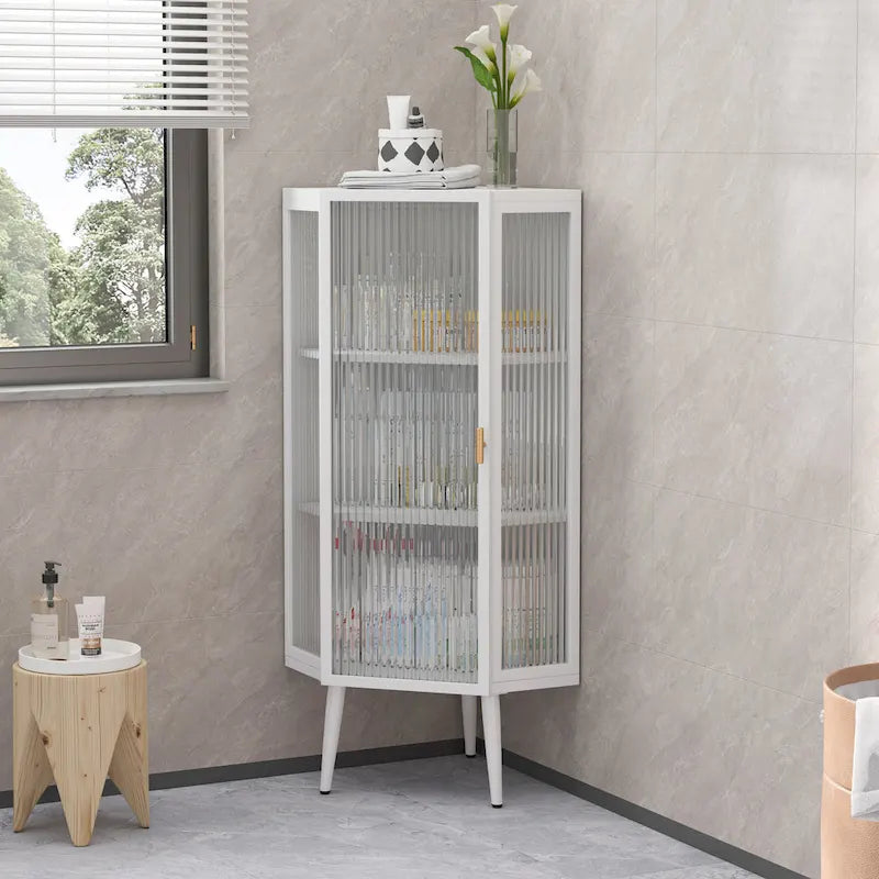Three Tiers Cabinet with Tempered Glass Doors and Storage Shelves