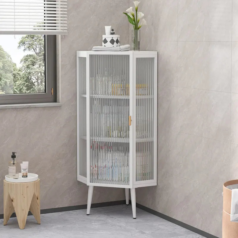 22.25  Floor Coner Cabinet,Three Tiers with Tempered Glass Doors and Storage Shelves