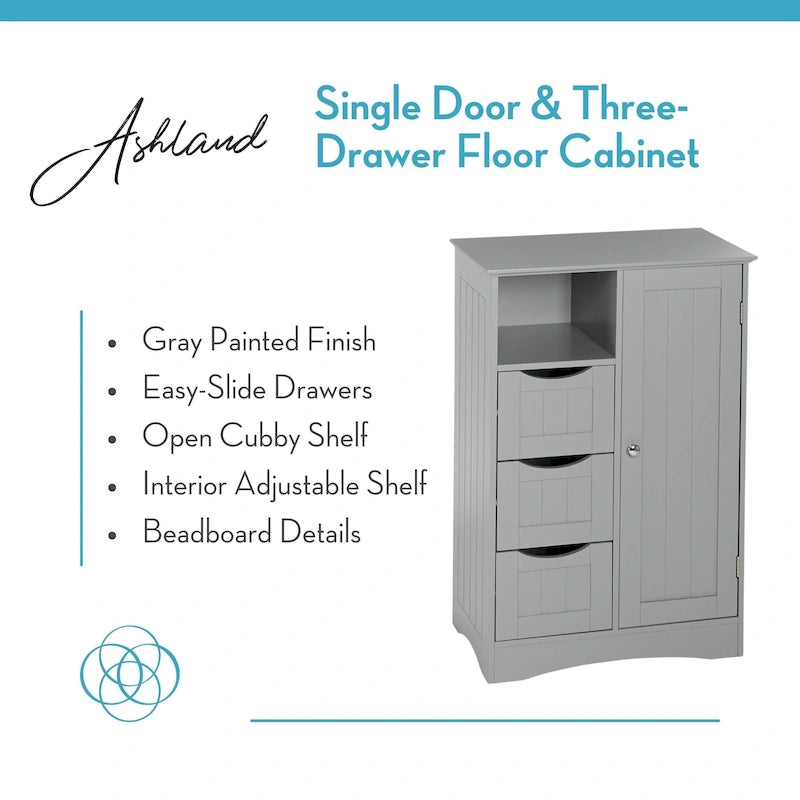 RiverRidge Ashland Single Door Bathroom and Laundry Storage Cabinet with 3 Drawers, Open and Adjustable Shelf