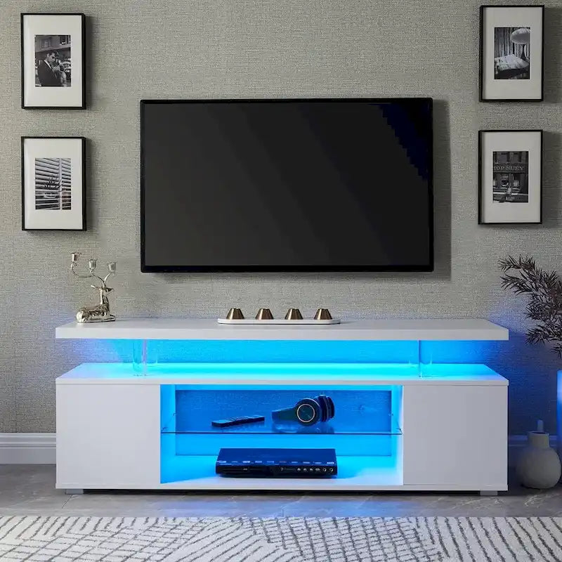 Center Media Storage Console Table with Large Side Cabinet for Living Room - White