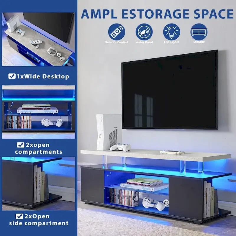 Center Media Storage Console Table with Large Side Cabinet for Living Room - White