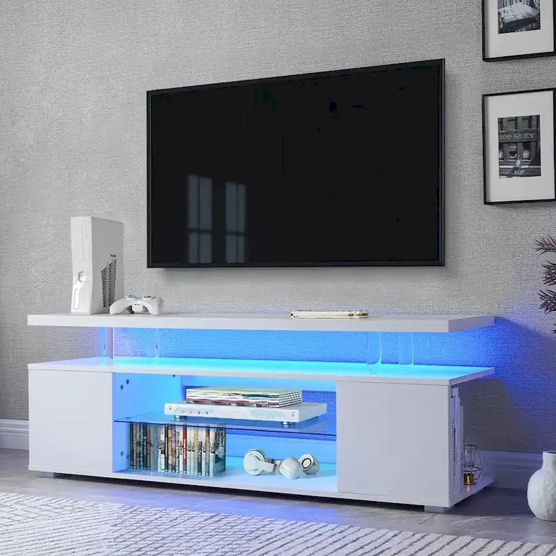 Center Media Storage Console Table with Large Side Cabinet for Living Room - White