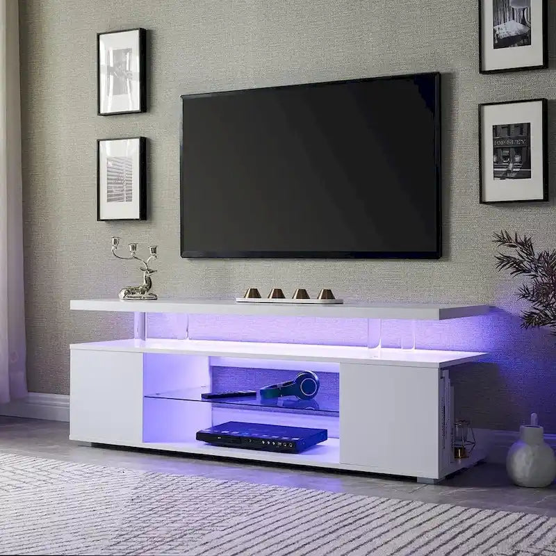 Center Media Storage Console Table with Large Side Cabinet for Living Room - White