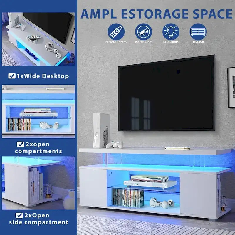 Center Media Storage Console Table with Large Side Cabinet for Living Room - White