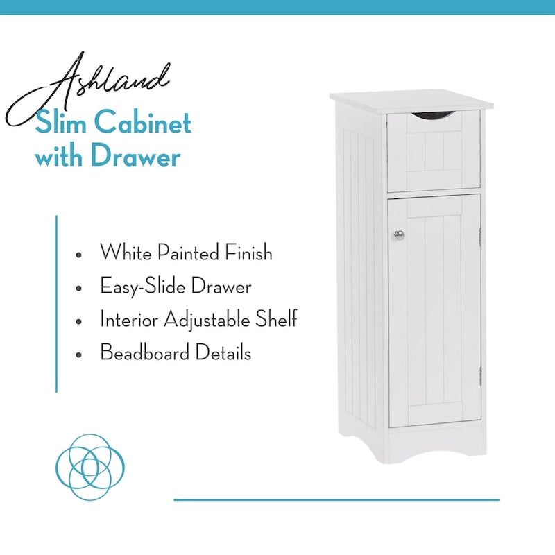 RiverRidge Ashland Single Door Narrow Bathroom and Laundry Storage Cabinet with Drawer and Adjustable Shelves - White