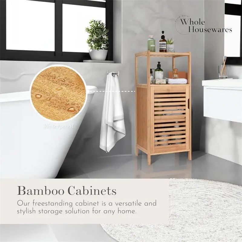 Bamboo Shoe Rack Cabinet Shelf Storage with Doors for Bathroom - 13.2 D x 14.4 W x 33.8 H