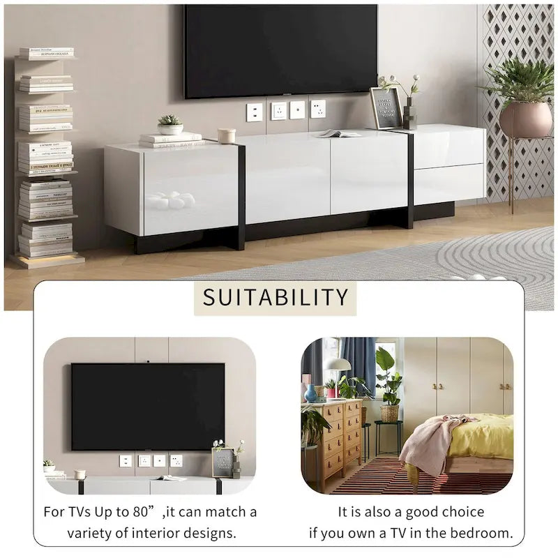Siavonce White & Black Contemporary Rectangle Design TV Stand - 74.8 W x 13.7 D x 17.7 H
