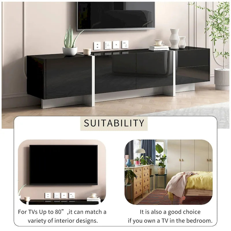 Siavonce White & Black Contemporary Rectangle Design TV Stand - 74.8 W x 13.7 D x 17.7 H