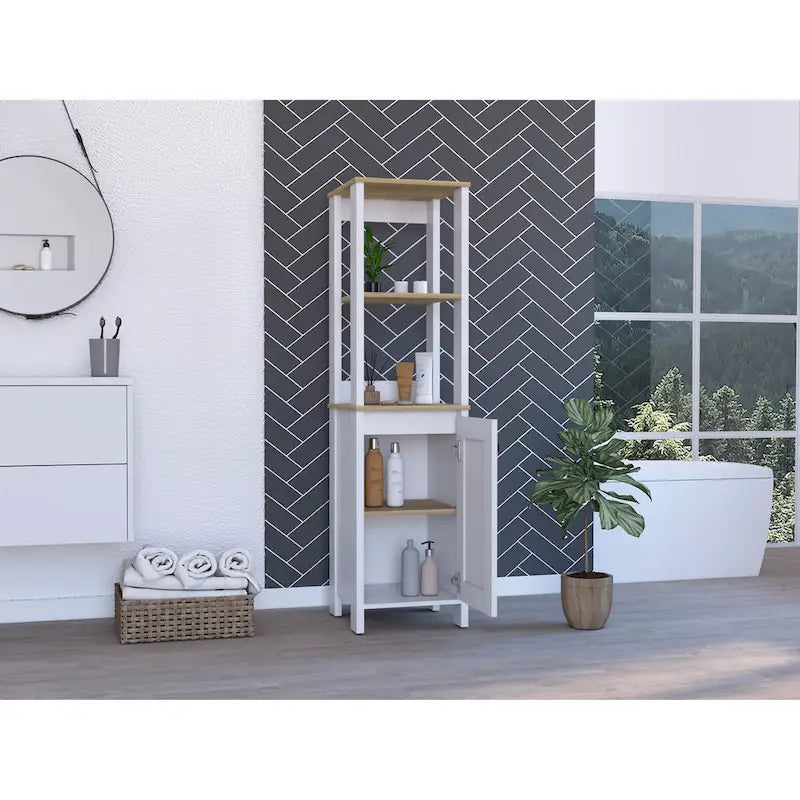 Linen Cabinet Jannes, Two Open Shelves, Single Door, Light Oak / White Finish