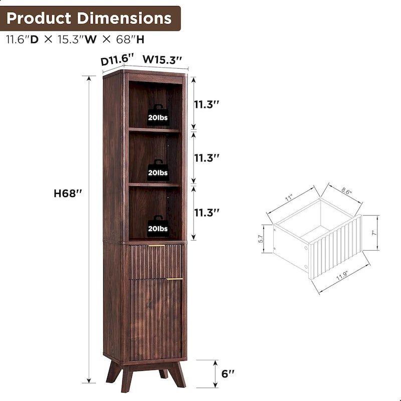 68  Tall Bathroom Narrow Storage Cabinet with Faux Marble Top