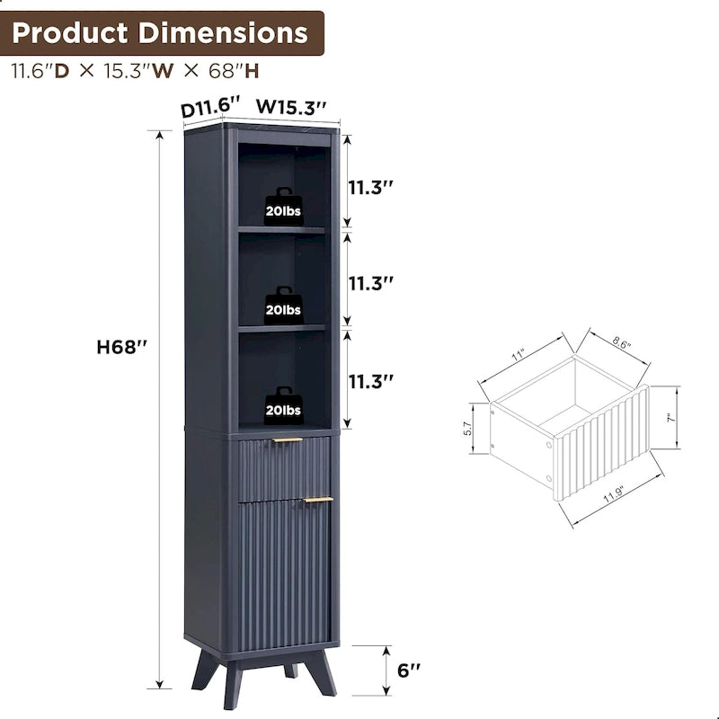 68  Tall Bathroom Narrow Storage Cabinet with Faux Marble Top