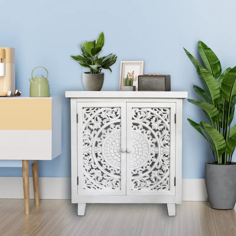 Farmhouse Storage Accent Cabinet with 2 Hollow Carved Doors,30.3 H - 27.6  x 14.1  x 30.3