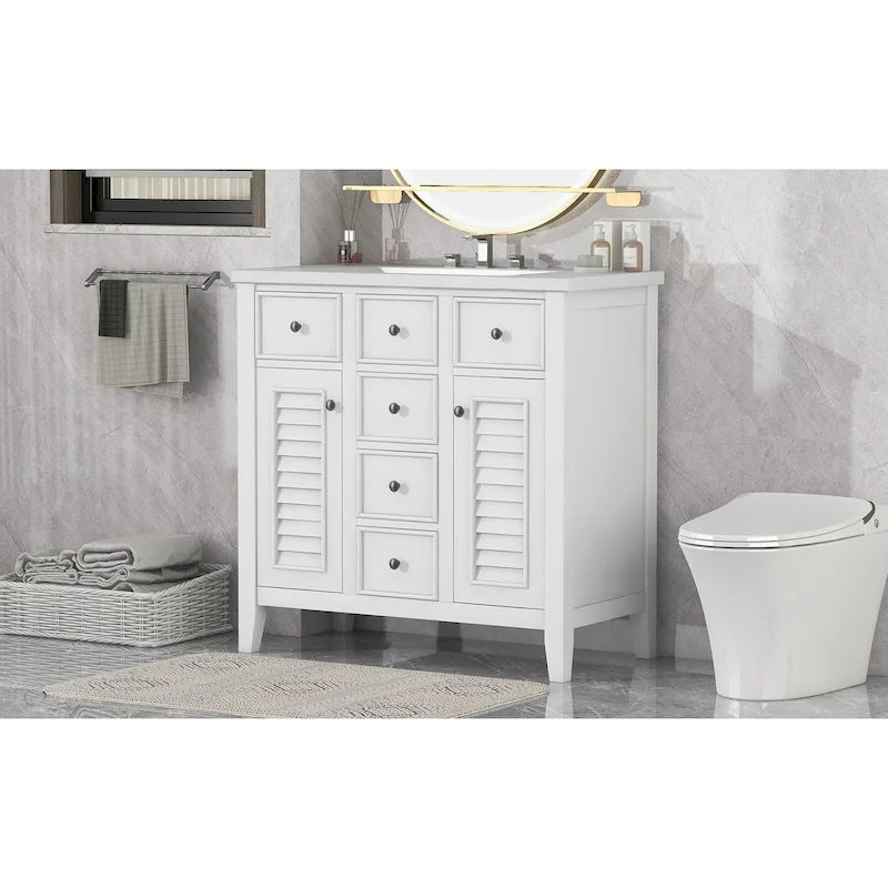 Bathroom Vanity with Ceramic Basin, Two Cabinets and Five Drawers
