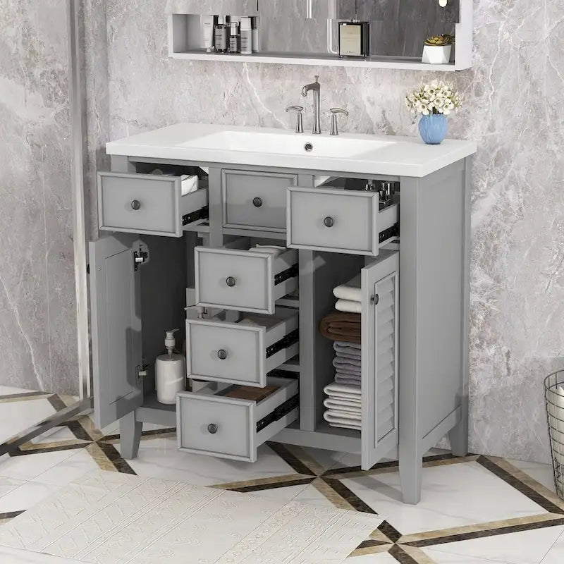 Bathroom Vanity with Ceramic Basin, Two Cabinets and Five Drawers