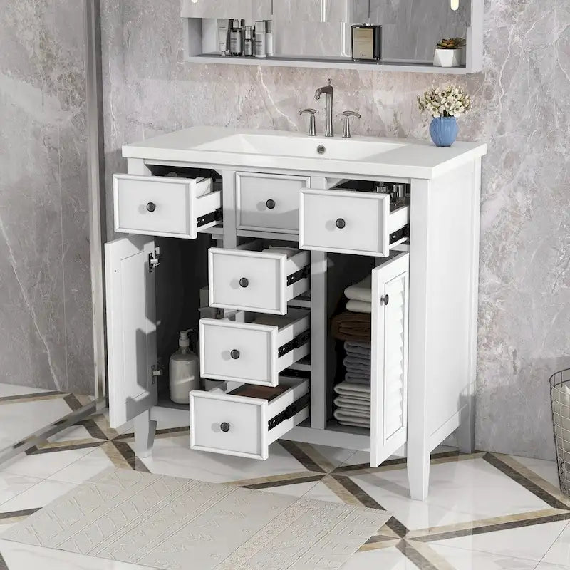 Bathroom Vanity with Ceramic Basin, Two Cabinets and Five Drawers