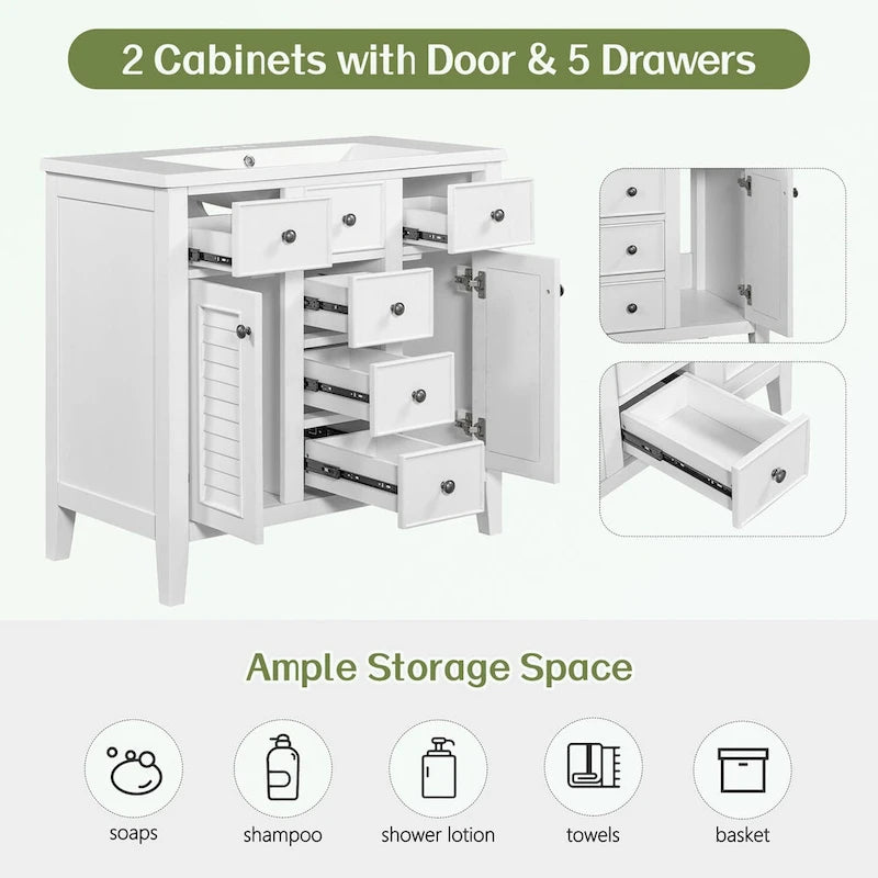 Bathroom Vanity with Ceramic Basin, Two Cabinets and Five Drawers