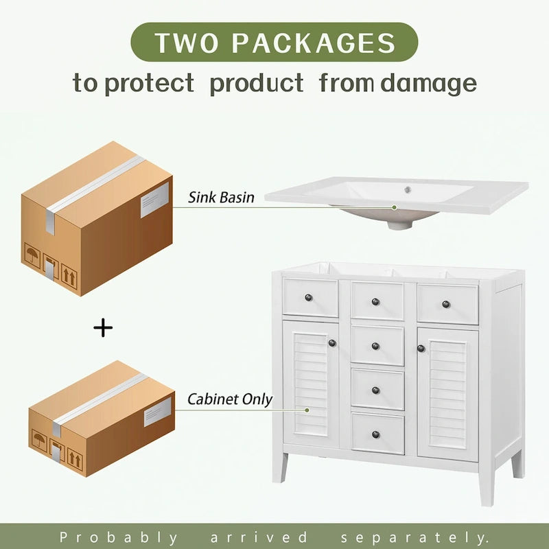 Bathroom Vanity with Ceramic Basin, Two Cabinets and Five Drawers