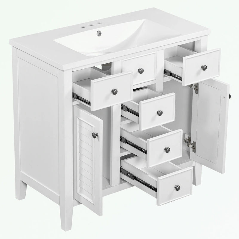 Bathroom Vanity with Ceramic Basin, Two Cabinets and Five Drawers