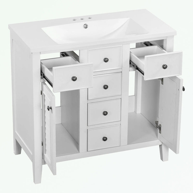 Bathroom Vanity with Ceramic Basin, Two Cabinets and Five Drawers