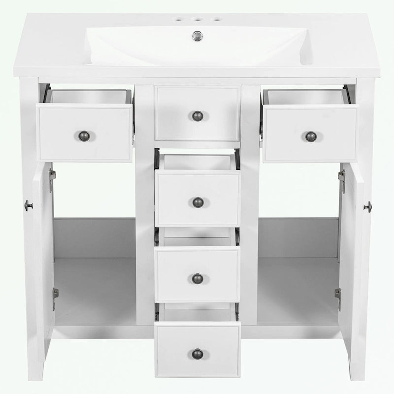 Bathroom Vanity with Ceramic Basin, Two Cabinets and Five Drawers