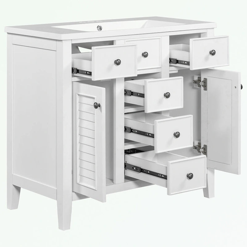 Bathroom Vanity with Ceramic Basin, Two Cabinets and Five Drawers