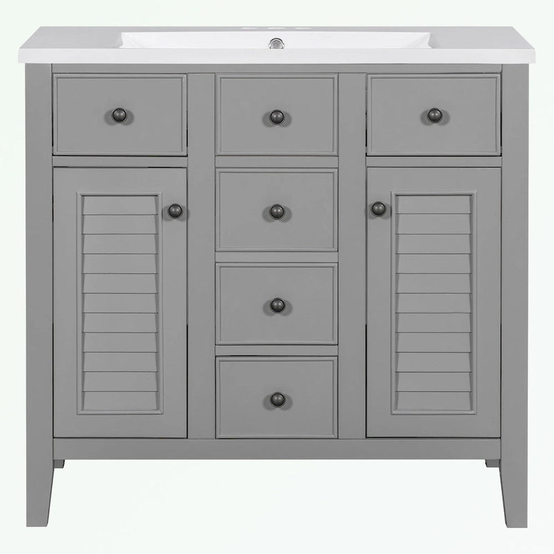 Bathroom Vanity with Ceramic Basin, Two Cabinets and Five Drawers