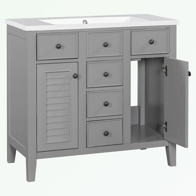 Bathroom Vanity with Ceramic Basin, Two Cabinets and Five Drawers