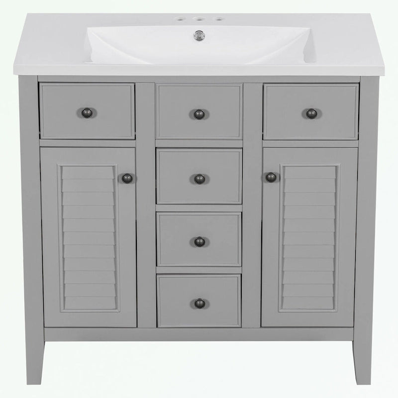 Bathroom Vanity with Ceramic Basin, Two Cabinets and Five Drawers