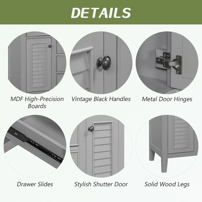 Bathroom Vanity with Ceramic Basin, Two Cabinets and Five Drawers