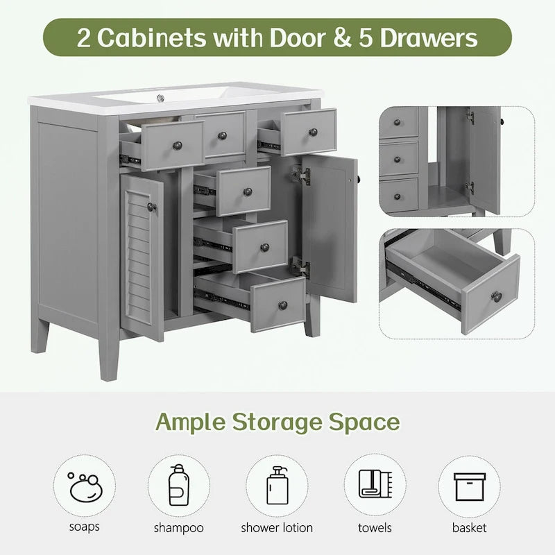 Bathroom Vanity with Ceramic Basin, Two Cabinets and Five Drawers