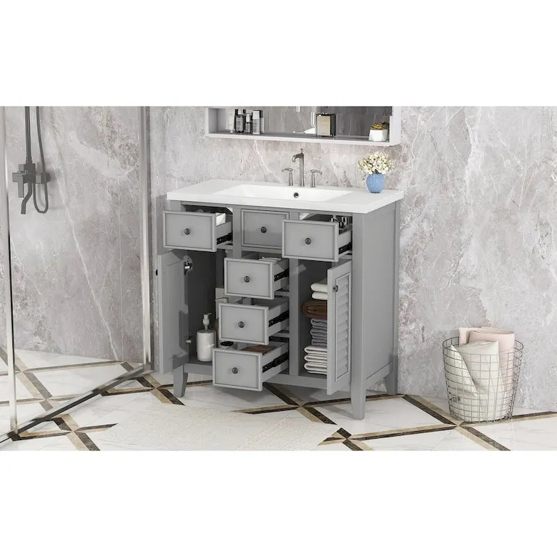 Bathroom Vanity with Ceramic Basin, Two Cabinets and Five Drawers