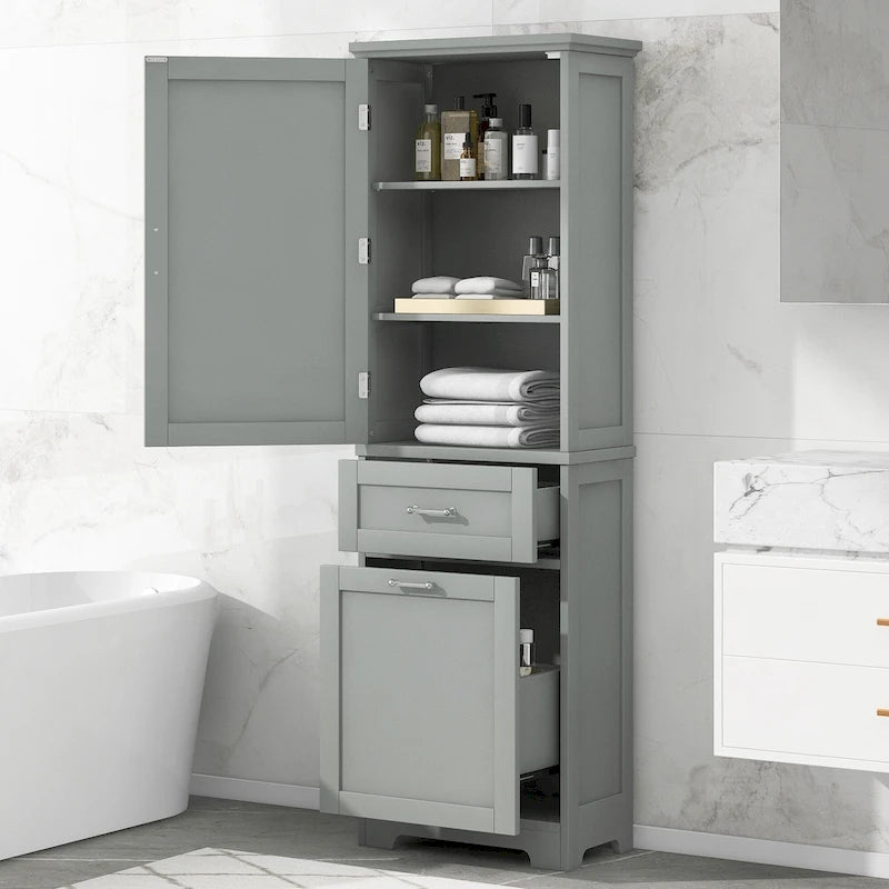 Freestanding Tall Bathroom Storage Cabinet, with 2 Different Size Drawers and Adjustable Shelf, Painted Finish