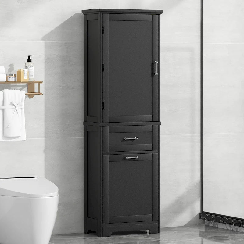 Freestanding Tall Bathroom Storage Cabinet, with 2 Different Size Drawers and Adjustable Shelf, Painted Finish
