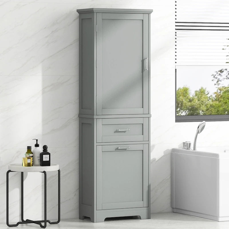 Freestanding Tall Bathroom Storage Cabinet, with 2 Different Size Drawers and Adjustable Shelf, Painted Finish