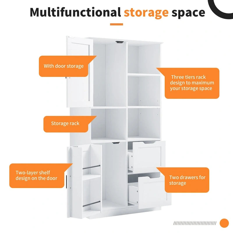 Bathroom Storage Cabinet with Doors and Drawers Multiple Storage Space Freestanding Style Open Shelve Adjustable Shelf White