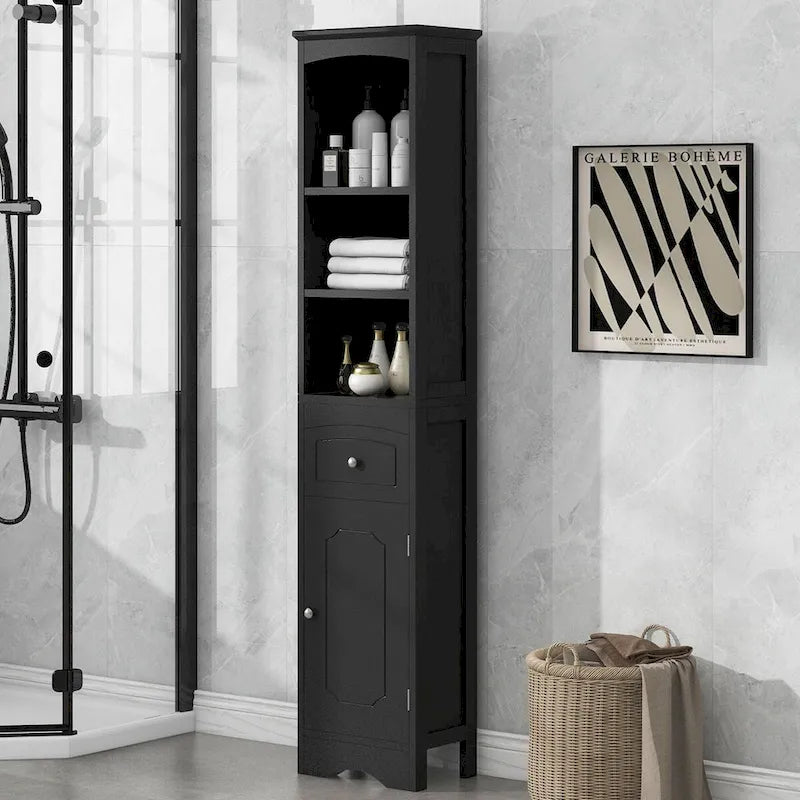 Tall Bathroom Cabinet, Freestanding Storage Cabinet with Drawer, MDF Board, Adjustable Shelf, Black