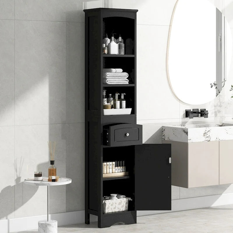 Tall Bathroom Cabinet, Freestanding Storage Cabinet with Drawer, MDF Board, Adjustable Shelf, Black