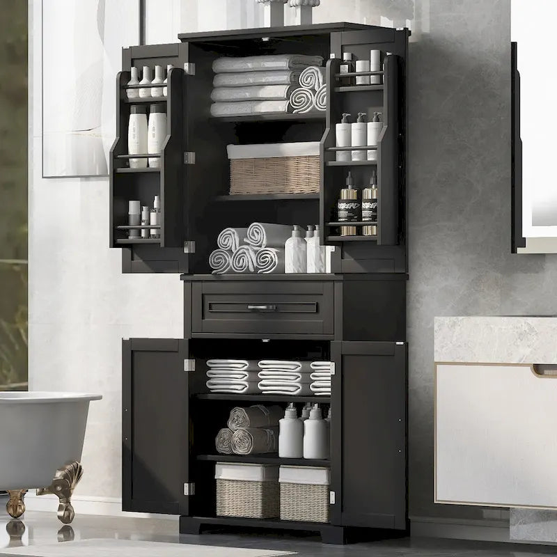 Bathroom Storage Cabinet with Doors and Drawer, Multiple Storage Space, Adjustable Shelf, Black