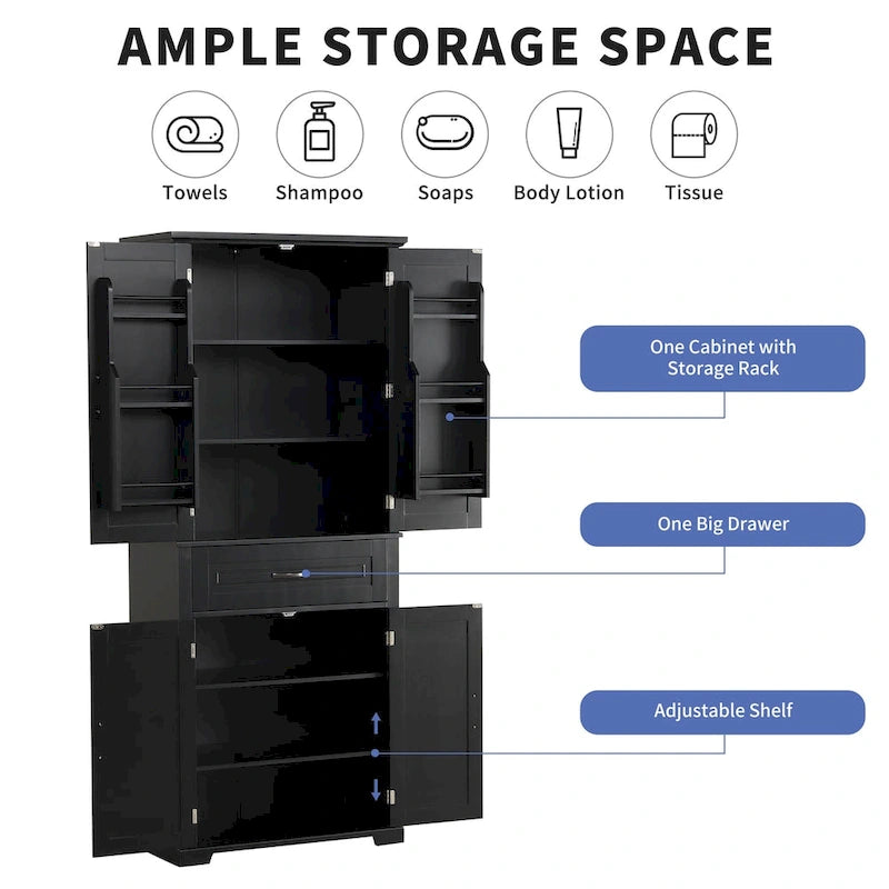 Bathroom Storage Cabinet with Doors and Drawer, Multiple Storage Space, Adjustable Shelf, Black